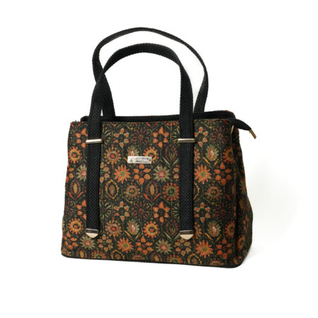 Floral Satin & Superfine Jute with extendable handles Satchel - Black
