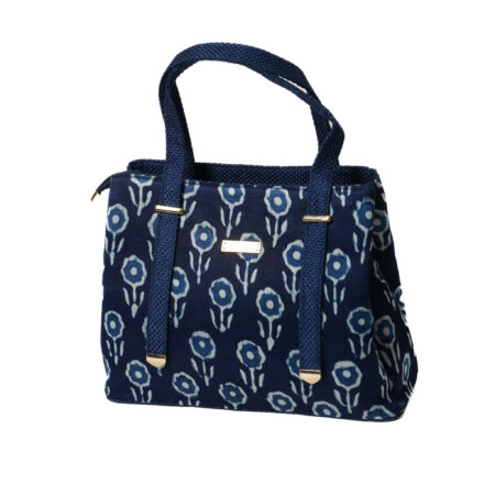 Block print Mashru & Superfine Jute with extendable handles Satchel - Indigo Blue