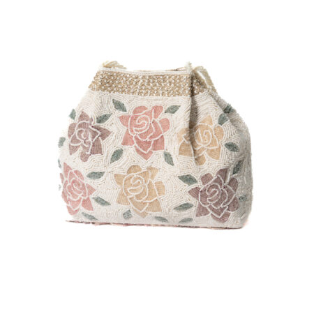 Multi color Pearl embroidery with hanging beads work basket Clutch - White