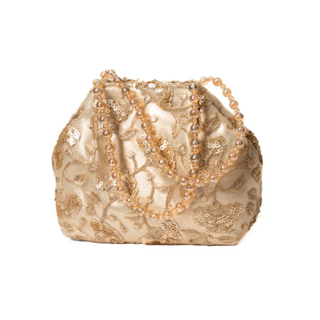 Sequinned Floral embroidery work with Pearl hand straps basket Clutch - Gold