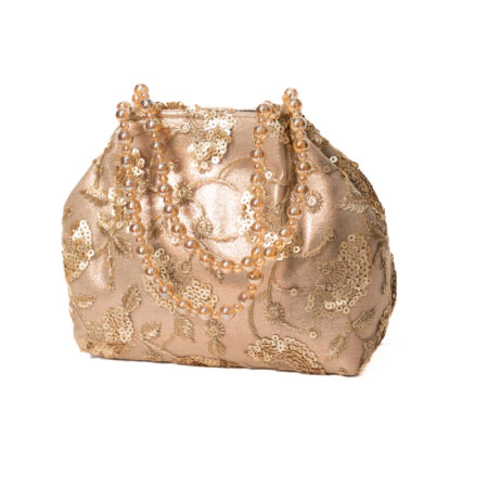 Sequinned Floral embroidery work with Pearl hand straps basket Clutch - Rose Gold