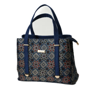 Block print Mashru & Superfine Jute with extendable handles Satchel - Blue