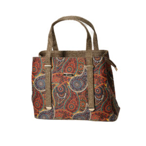 Paisley print Satin & Superfine Jute with extendable handles Satchel - Beige