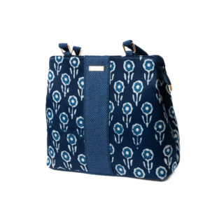 Multi color Block Mashru & Superfine Jute Handbag - Indigo Blue