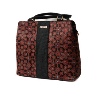 Multi color Block Mashru & Superfine Jute Handbag - Maroon