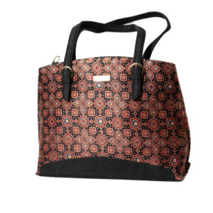 Multi color Block Print Mashru & Superfine Jute Satchel bag - Maroon
