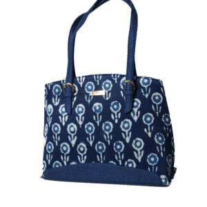 Multi color Block Print Mashru & Superfine Jute Satchel bag - Indigo Blue