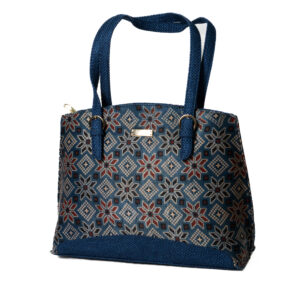 Multi color Block Print Mashru & Superfine Jute Satchel bag - Blue