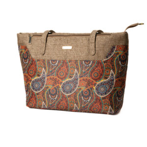 Paisley print Satin & Superfine Jute Tote bag- Beige