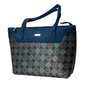 Block print Mashru & Superfine Jute Tote bag- Blue