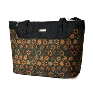 Floral print Satin & Superfine Jute Tote bag- Black