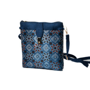 Multi color Block Print Mashru & superfine Jute Sling bag - Blue