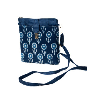 Multi color Block Print Mashru & superfine Jute Sling bag - Indigo Blue