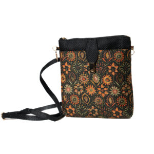 Multi color Floral Satin & Superfine Jute Sling bag - Black
